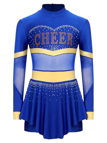 iiniim Mädchen Cheer Leader Kostüm Mesh Patchwork Langarm Kleid Glitzer Tanzkleid Cheerleading Uniform Halloween Karneval Fasching Partykleid Royal Blau 110-116 von iiniim