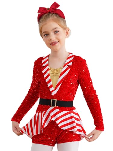 iiniim Mädchen Weihnachten Kleid Glitzer Pailletten Weihnachten Body Overall Kurz Jumpsuit Kinder Weihnachtself Kostüm Weihnachtsoutfits Rot 110-116 von iiniim