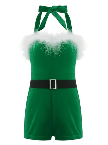 iiniim Mädchen Weihnachten Kostüm Weihnachten Body Overall mit Kunstfeder Weihnachten Jumpsuit Weihnachtsmann Kostüm Weihnachtsoutfits Grün 122-128 von iiniim