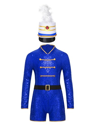 iiniim Mädchen Zirkus Kostüm Zirkusdirektor Uniform mit Mütze Pailletten Body Overall Kurz Jumpsuit Circus Outfits Karneval Fasching Show Tanzkostüm Royal Blau 110-116 von iiniim