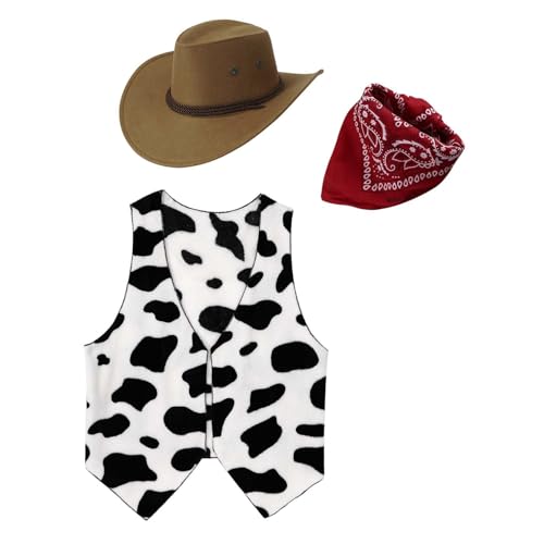 iiniim Männer Cowboy Kostüm Set Cowboyhut mit Bandanna Kuh gedruckt Flanell Weste 3-teiliger Anzug für Karneval Mottoparty Fasching Rot&Kaffee 4XL von iiniim