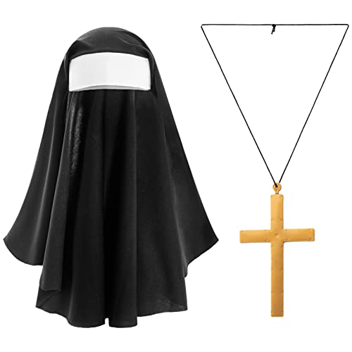 iiniim Nonnen Kostüm Set Schwarz Nonnenhaube Priester Kreuz Halskette Schwarz Kniestrümpfe Handschuhe Weiß Halskragen Klosterschwester Cosplay Dress Up Kostüm Zubehör Type B One Size von iiniim