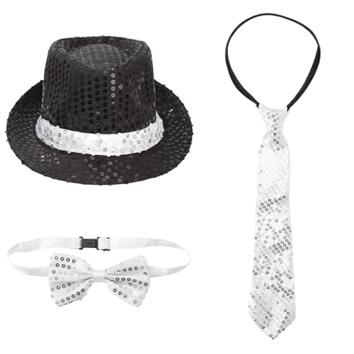 iiniim Unisex 3-teiliges Jazz Kostüm Zubehör Paillettenhut mit Krawatte Fliege Set Disco-Hut Glänzende Fedora Schlips für Cosplay Fasching Schwarz-Weiss One Size von iiniim