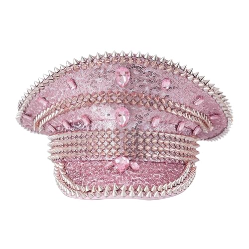 iiniim Unisex Pailletten Strass Kapitänsmütze Luxury Matrosenhut Modische Party Militärkappe Glitzernde Kopfbedeckung Mottoparty Rosa Einheitsgröße von iiniim