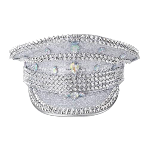 iiniim Unisex Pailletten Strass Kapitänsmütze Luxury Matrosenhut Modische Party Militärkappe Glitzernde Kopfbedeckung Mottoparty Silber Einheitsgröße von iiniim