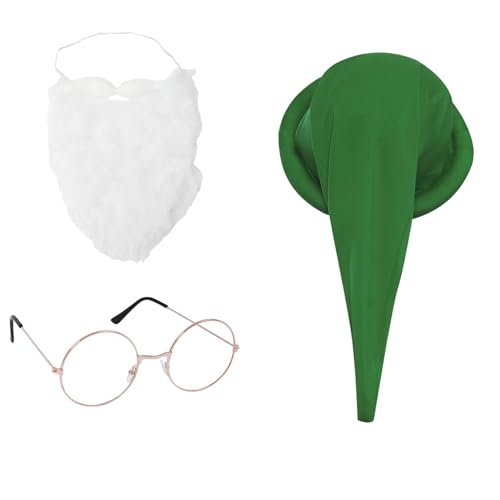 iiniim Weihnachten Wichtelmütze mit Bart und Brille Set Märchen Zwergenmütze Zipfelmütze Zwerg Kostüm Fasching Mottoparty Karneval Accessoires Grün One Size von iiniim