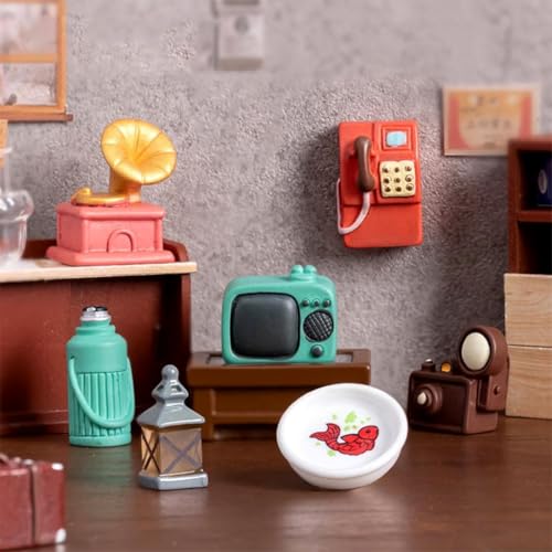 7 Stück Puppenhaus Möbel Zubehör Dekor Miniatur-Puppen Haus Retro-Haushalts geräte Ornamente Mini simulierte Möbel Modelle Retro-Kamera, TV, Plattenspieler, Thermos, öffentliches Telefon von ikappy