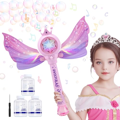 ilauke Seifenblasenmaschine für Kinder, Prinzessin Elektrisch Bubble Stick Zauberstäbe mit abnehmbaren Flügeln, 4000+ Seifenblasen/Min mit 390ML Seifenblasenlösung/Musik für Outdoor/Party/Hochzeit von ilauke