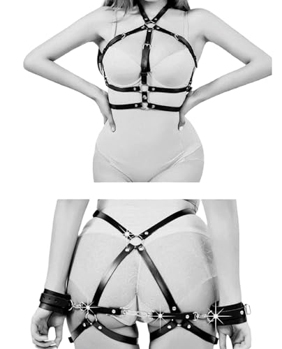 illuevagrun Leder Harness Set Fesselset Handschellen Brustgurte Taille Mode Cupless Lingerie für Frauen Einstellbar von illuevagrun