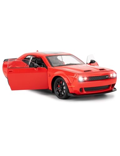 1/24 Dodge Challenger SRT Hellcat Auto Modell, Sammlerstück Diecast Modell Auto mit Lichtern und Geräuschen, Pull Back Auto Spielzeug für Erwachsene Kinder Geburtstag Geschenke Dekoration (rot) von imtfzct