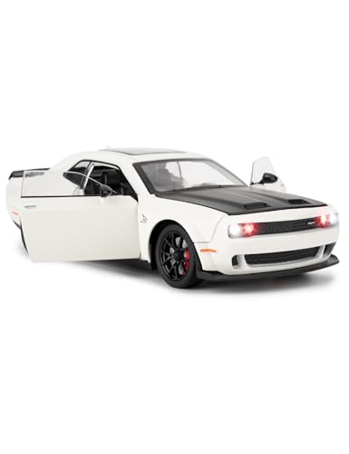 1/24 Dodge Challenger SRT Hellcat Auto Modell, Sammlerstück Diecast Modell Auto mit Lichtern und Geräuschen, Pull Back Auto Spielzeug für Erwachsene Kinder Geburtstag Geschenke Dekoration (weiß) von imtfzct