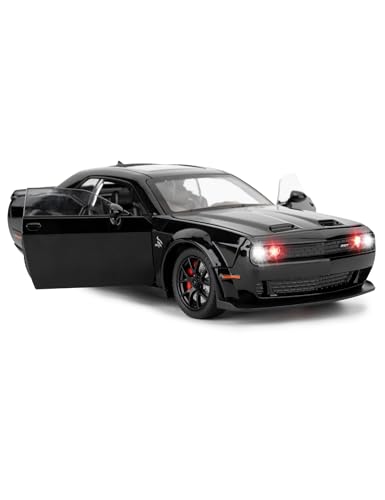 1/24 Dodge Challenger SRT Hellcat Auto Modell, Sammlerstück Diecast Modell Auto mit Lichtern und Geräuschen, Pull Back Auto Spielzeug für Erwachsene Kinder Geburtstag Geschenke Dekoration (schwarz) von imtfzct