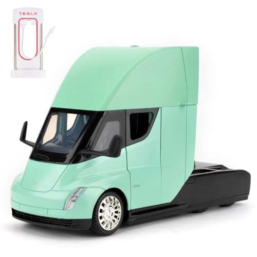 1:24 Tesla Semi Truck Head, Spielzeugauto aus Aluminiumdruckguss, Spielzeugmodellauto zum Sammeln, Geschenk für Kinder, Spielzeugauto mit Sound- und Lichtfunktion und Pull-Back-Funktion(‌Grün) von imtfzct