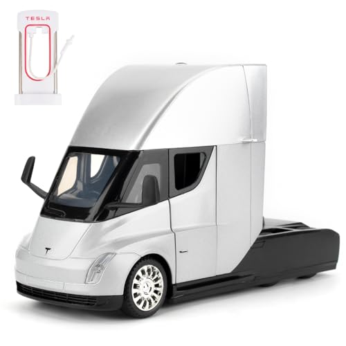 1:24 Tesla Semi Truck Head, Spielzeugauto aus Aluminiumdruckguss, Spielzeugmodellauto zum Sammeln, Geschenk für Kinder, Spielzeugauto mit Sound- und Lichtfunktion und Pull-Back-Funktion(silber) von imtfzct