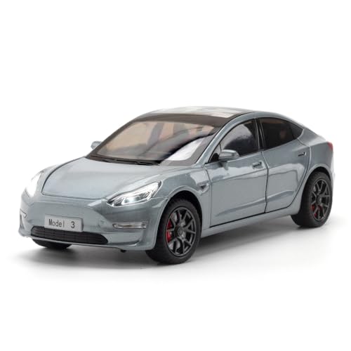 Tesla Model 3 Spielzeugauto, 1/24 Gusslegierung Modellauto, Spielzeugauto mit Sound- und Lichtfunktion und Pull Back Funktion, kann die Tür öffnen Design, Sammlermodell Auto, Geschenk für Kinder(grau) von imtfzct