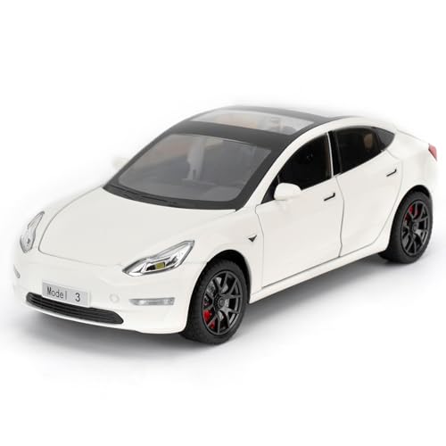 Tesla Model 3 Spielzeugauto, 1/24 Gusslegierung Modellauto, Spielzeugauto mit Sound- und Lichtfunktion und Pull Back Funktion, kann die Tür öffnen Design, Sammlermodell Auto, Geschenk für Kinder（weiß） von imtfzct