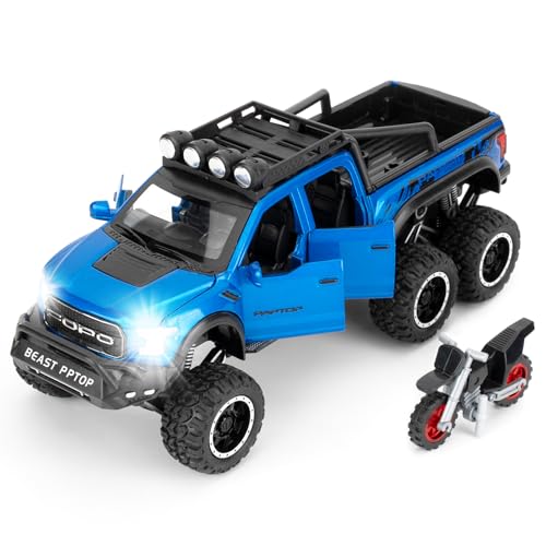 imtfzct 1:28 Ford Raptor F150 Modellauto,Spielzeugmodellauto zum Sammeln, Geschenk für Kinder, Diecat Spielzeugauto mit Sound- und Lichtfunktion und Pullback Funktion(blau) von imtfzct