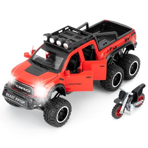 imtfzct 1:28 Ford Raptor F150 Modellauto,Spielzeugmodellauto zum Sammeln, Geschenk für Kinder, Diecat Spielzeugauto mit Sound- und Lichtfunktion und Pullback Funktion(rot) von imtfzct