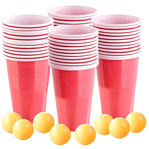 infactory Party-Feier-Saufspiele: 4er-Set Trinkspiel-Set Bier Pong, je 24 Becher (je 450 ml) & 2 Bälle (Bierpong-Ball, Becherspiele, Tisch) von infactory