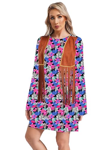 inhzoy Damen 70er Jahre Hippie Kostüm Kleid Mit Leder-Fransen Disco Kostüm Flower Power Kleidung Faschnacht Karneval Kostüm Dunkelviolett-Blumen XXL von inhzoy