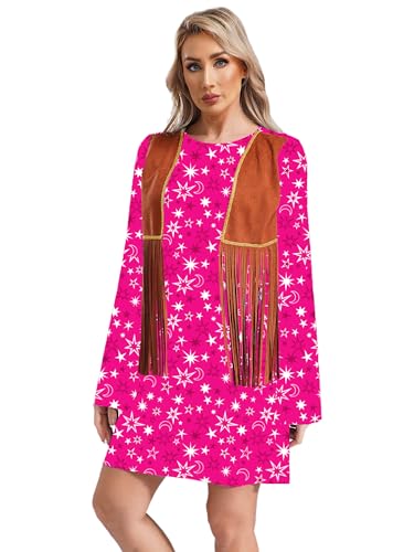 inhzoy Damen 70er Jahre Hippie Kostüm Kleid Mit Leder-Fransen Disco Kostüm Flower Power Kleidung Faschnacht Karneval Kostüm Hotpink-Stern S von inhzoy