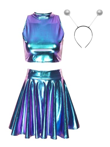 inhzoy Damen Alien Kostüm Glitzer Holografische Festival Rave Outfits Metallic Crop Top Skaterrock Stirnband Set Glänzend Fasching Kostüm Party Clubwear Blau_D L von inhzoy