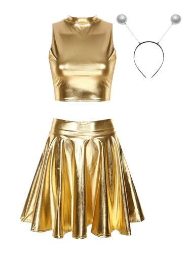 inhzoy Damen Alien Kostüm Glitzer Holografische Festival Rave Outfits Metallic Crop Top Skaterrock Stirnband Set Glänzend Fasching Kostüm Party Clubwear Gold_A S von inhzoy