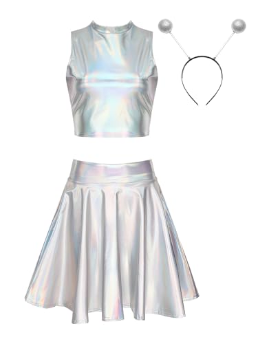 inhzoy Damen Alien Kostüm Glitzer Holografische Festival Rave Outfits Metallic Crop Top Skaterrock Stirnband Set Glänzend Fasching Kostüm Party Clubwear Laser-Silber_A M von inhzoy