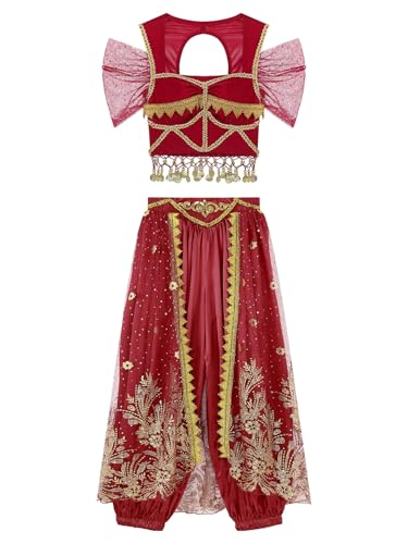 inhzoy Damen Bauchtanz Outfit Glitzer Kurzarm Crop Top Mesh Spitze Hose Set Belly Dance Kostüm Orientalische Indische Tanzkleidung Tüllrock-Burgund L von inhzoy