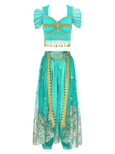 inhzoy Damen Bauchtanz Outfit Glitzer Kurzarm Crop Top Mesh Spitze Hose Set Belly Dance Kostüm Orientalische Indische Tanzkleidung Tüllrock-Pfauenblau L von inhzoy