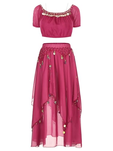 inhzoy Damen Bauchtanz Outfit Glitzer Pailletten Crop Top Und Rock Belly Dance Kostüm Karneval Halloween Orientalische Indische Tanzkleidung Hotpink Einheitsgröße von inhzoy