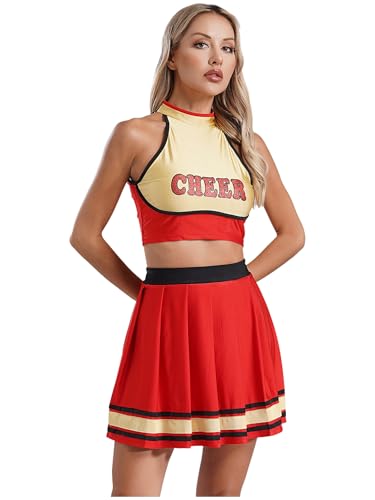 inhzoy Damen Cheerleading Uniform Kostüm Cheer Leader Crop Tank Top Minirock Faltenrock Halloween Karneval Fasching Kostüm Party Tanzkleidung Rot XL von inhzoy