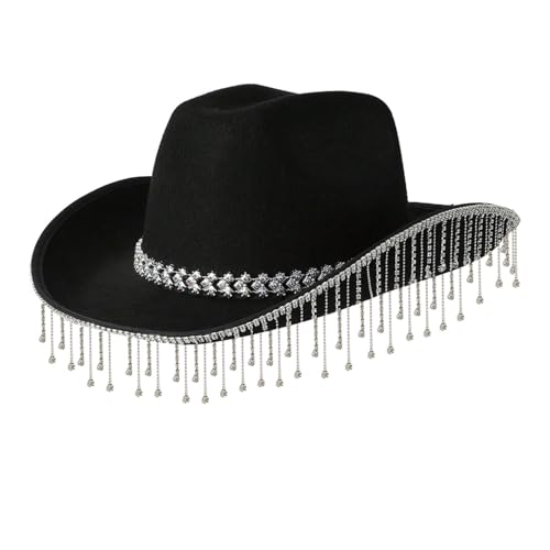 inhzoy Damen Cowboyhut Mit Glitzer Strasssteinen Fransen Cowgirl Zubehör Mütze Für Party Halloween Karneval Fasching Party Schwarz Einheitsgröße von inhzoy