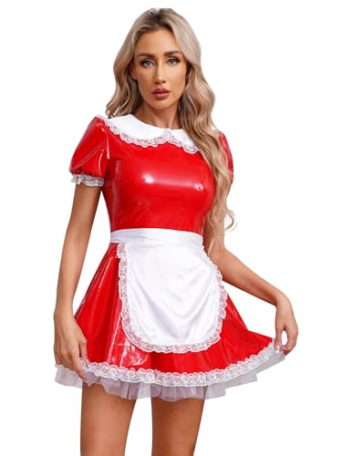 inhzoy Damen Dienstmädchen Kleid Lackleder Wetlook Anime Maid Kleid Schürze Set Fasching Karneval Kostüm Party Clubwear Rot 3XL von inhzoy