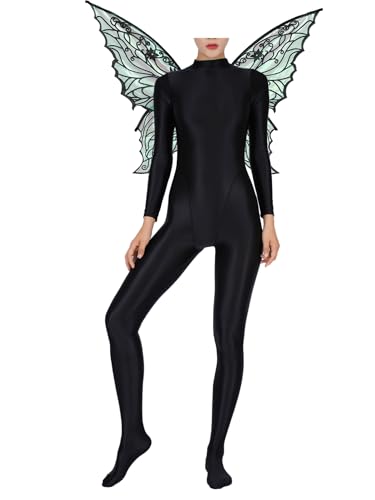 inhzoy Damen Fee Kostüm Set Glitzer Fee Schmetterling Flügel Und Glänzend Nylon Ganzanzug Faschingskostüme Nymphe Zahnfee Cosplay Outfit Schwarz 3XL von inhzoy