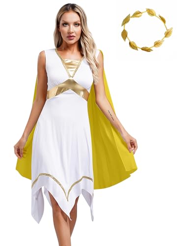 inhzoy Damen Griechische Göttin Kostüm Kleid Gold Blatt Kopfschmuck Set Griechen Römer Ägypten Kostüm Halloween Karneval Party Outfit Gelb 4XL von inhzoy