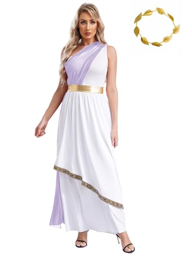 inhzoy Damen Griechische Göttin Kostüm Maxi Kleid Und Gold Blatt Kopfschmuck Griechen Römer Ägypten Kostüm Halloween Karneval Cosplay Outfit Lavendel 3XL von inhzoy