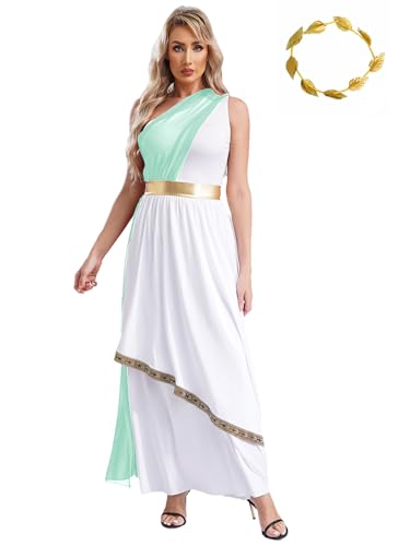 inhzoy Damen Griechische Göttin Kostüm Maxi Kleid Und Gold Blatt Kopfschmuck Griechen Römer Ägypten Kostüm Halloween Karneval Cosplay Outfit Minzgrün 3XL von inhzoy