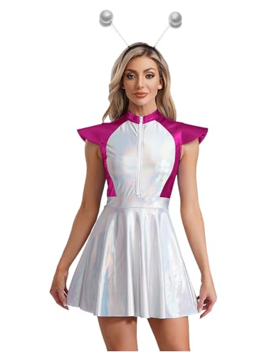 inhzoy Damen Kostüm Alien Space Girl Kleid Alien Haarreif Karneval Fasching Kostüm Metallic Holograpfisch Weltraum Kleid Mottoparty Outfit Hotpink 3XL von inhzoy