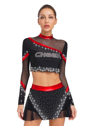 inhzoy Damen Kostüm Cheer Leader Halloween Karneval Langarm Strass Mesh Crop Top Minirock Tanz Trainingsanzug Rot L inhzoy Damen Kostüm Cheer Leader Halloween Karneval Langarm Strass Mesh Crop Top Minirock Tanz Trainingsanzug Rot L von inhzoy