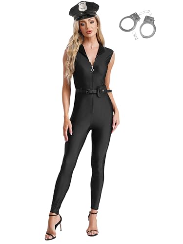 inhzoy Damen Kostüm Polizistin Overall Polizei Accessoires 4 Teiliges Frauen Halloween Fasching Kostüm Cosplay Party Clubwear Schwarz L von inhzoy