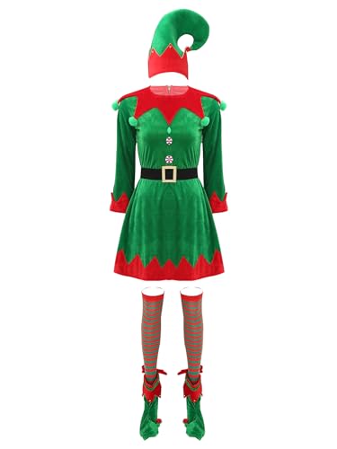 inhzoy Damen Kostüm Weihnachtself Kobold Kleid Mit Weihnachtself Zubehör Wichtelmütze Schuhe Strümpfe Gürtel Karneval Weihnachtskostüm Grün 3XL von inhzoy