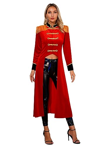 inhzoy Damen Kostüm Zikus Zirkusdirektor Jacke Gothic Frack Garde Uniform Marching Band Jacke Rock Star Cosplay Mantel Fasching Mottoparty Outfit Rot 3XL von inhzoy