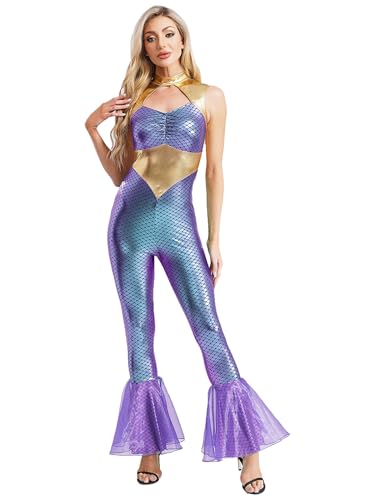 inhzoy Damen Meerjungfrau Kostüm Metallic Fischschuppen Body Schlaghose Mit Rüschen Glitzer Ganzkörper Faschingskostüm Party Outft Lila 3XL inhzoy Damen Meerjungfrau Kostüm Metallic Fischschuppen Body Schlaghose Mit Rüschen Glitzer Ganzkörper Faschingskostüm Party Outft Lila 3XL von inhzoy