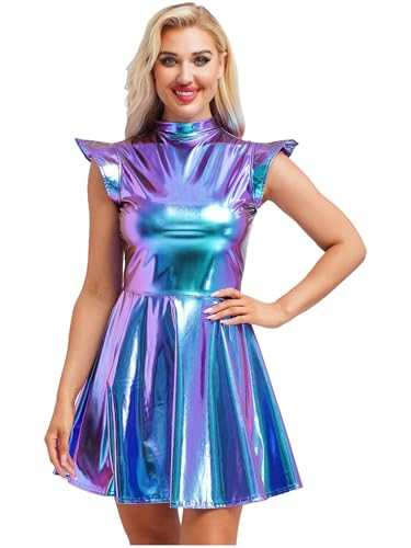 inhzoy Damen Metallic Kleid Glitzer Rave Party Tanzkleid Glänzend Holographic Skater Kleid Disco Karneval Kostüm Blau S von inhzoy