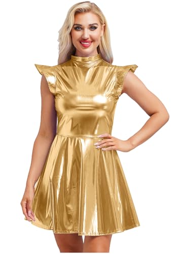 inhzoy Damen Metallic Kleid Glitzer Rave Party Tanzkleid Glänzend Holographic Skater Kleid Disco Karneval Kostüm Gold L von inhzoy