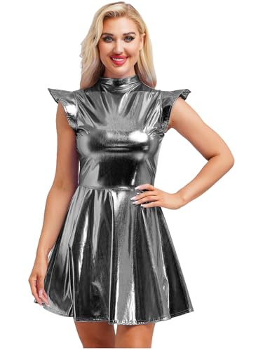 inhzoy Damen Metallic Kleid Glitzer Rave Party Tanzkleid Glänzend Holographic Skater Kleid Disco Karneval Kostüm Grau M von inhzoy