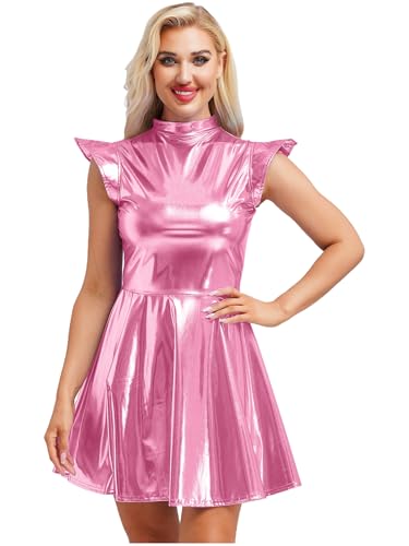 inhzoy Damen Metallic Kleid Glitzer Rave Party Tanzkleid Glänzend Holographic Skater Kleid Disco Karneval Kostüm Rosa L von inhzoy