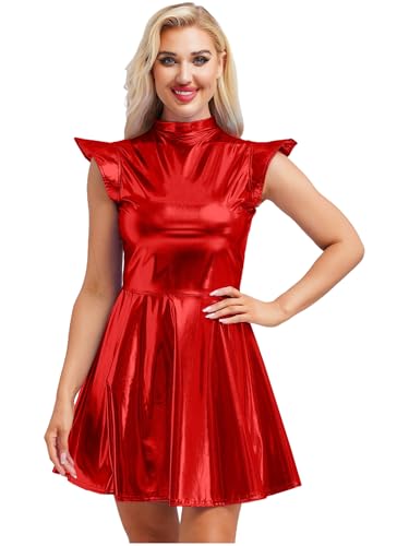 inhzoy Damen Metallic Kleid Glitzer Rave Party Tanzkleid Glänzend Holographic Skater Kleid Disco Karneval Kostüm Rot XXL von inhzoy