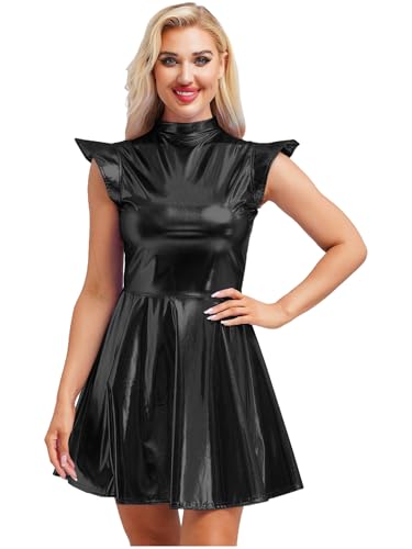 inhzoy Damen Metallic Kleid Glitzer Rave Party Tanzkleid Glänzend Holographic Skater Kleid Disco Karneval Kostüm Schwarz M von inhzoy